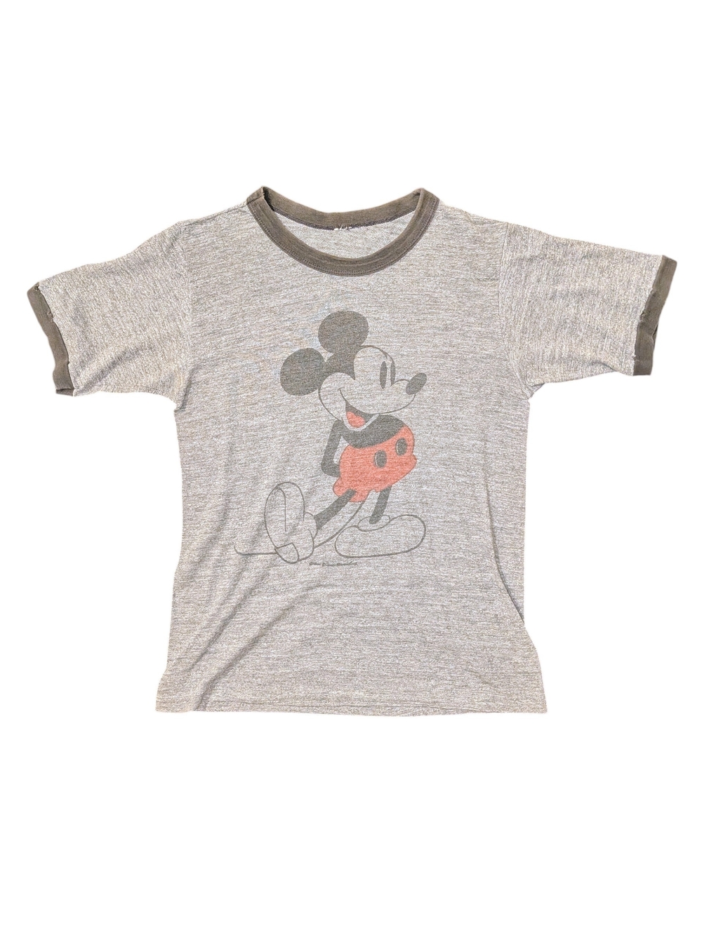 Vintage Distressed Disney Gray Short-Sleeve Ringer Tee with Red Mickey Print 90s